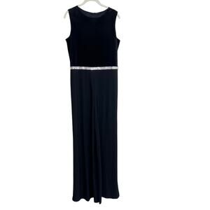 Tiana B Womens Jumpsuit M Black Velvet Bodice Rhinestone Waist Wide Leg Evening